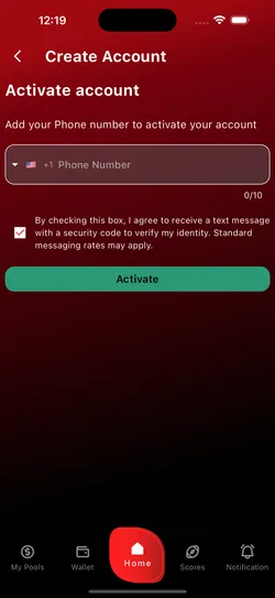 App registration screen on iOS showing SMS consent option